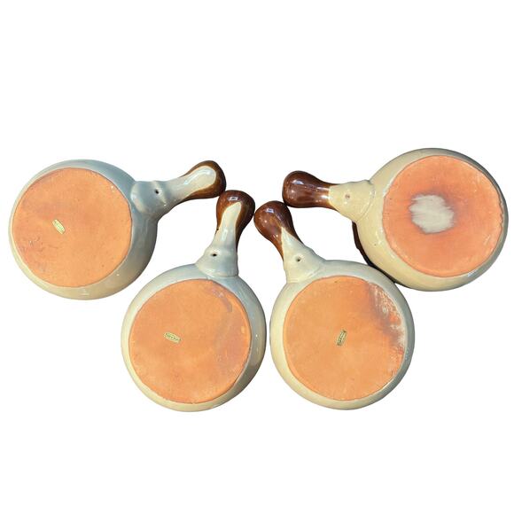 4 Stoneware Crock Bowls Handles & Lids French Onion Soup Bowls Vintage Style - Picture 4 of 4